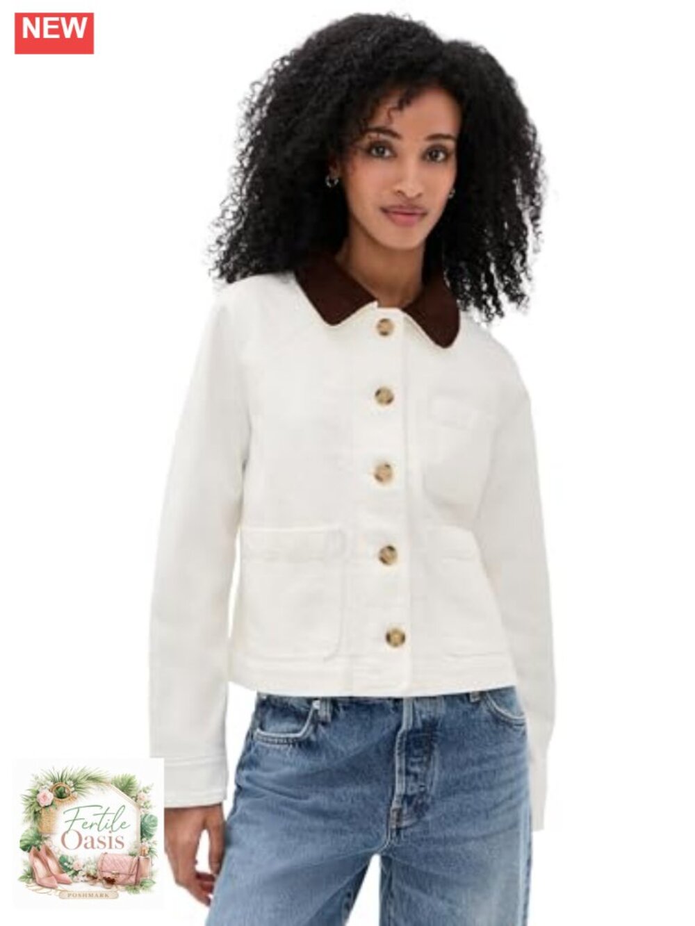 Women's Denim Barn Jacket Cotton Elastane Corduroy Collar Button Front